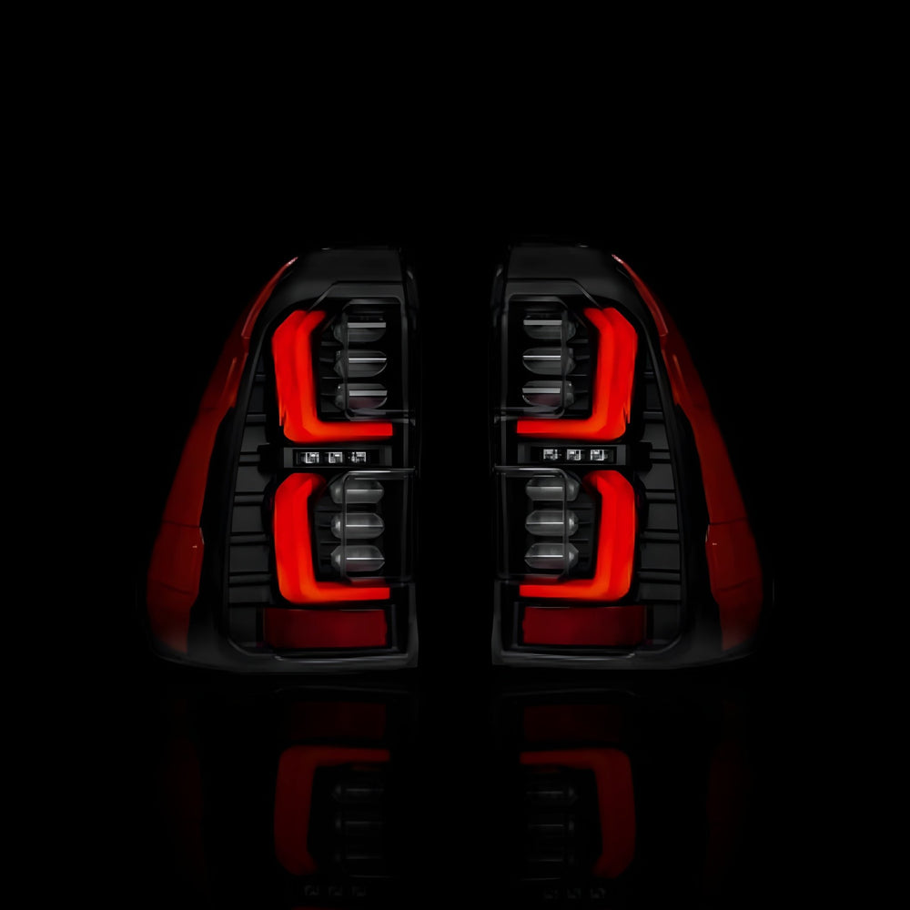 Black Full LED Tail Lights with Red Stripes – Fits Toyota Hilux N80 / Revo Rocco (2015–2024) | LH + RH Pair - Blckline Automotive