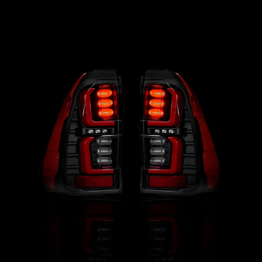 Black Full LED Tail Lights with Red Stripes – Fits Toyota Hilux N80 / Revo Rocco (2015–2024) | LH + RH Pair - Blckline Automotive
