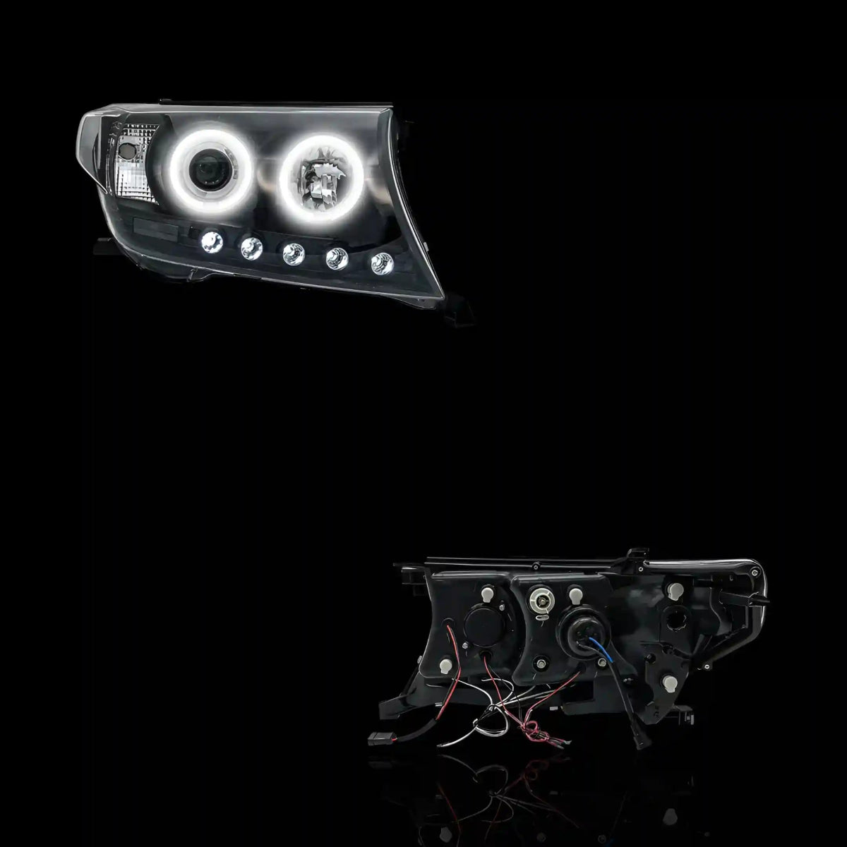 Clear / Black Halo Angel Eyes Headlights – Fits Toyota Land Cruiser 200 Series (2007 - 2015) | LH + RH Pair - Blckline Automotive
